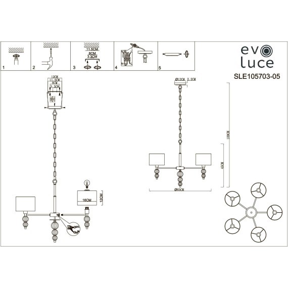 SLE105703-05 Светильник подвесной Хром/Светло-бежевый E14 5*40W RAMER