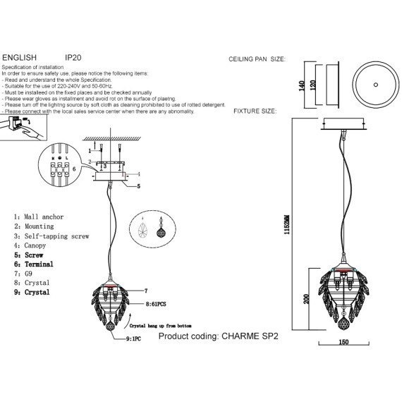 Светильник подвесной Crystal Lux CHARME SP2 CHROME/TRANSPARENT