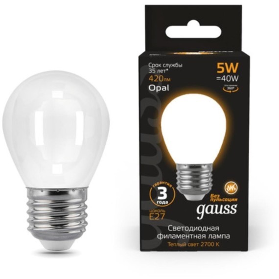 105202105 Лампа Gauss LED Filament Шар OPAL E27 5W 420lm 2700K 1/10/50