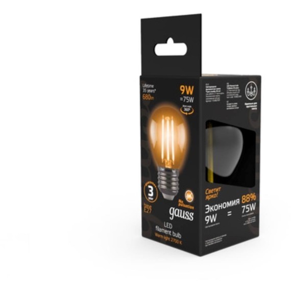 105802109 Лампа Gauss LED Filament Шар E27 9W 680lm 2700K 1/10/50