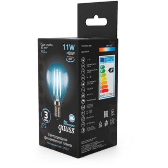 105801211 Лампа Gauss Filament Шар 11W 750lm 4100К Е14 LED 1/10/50