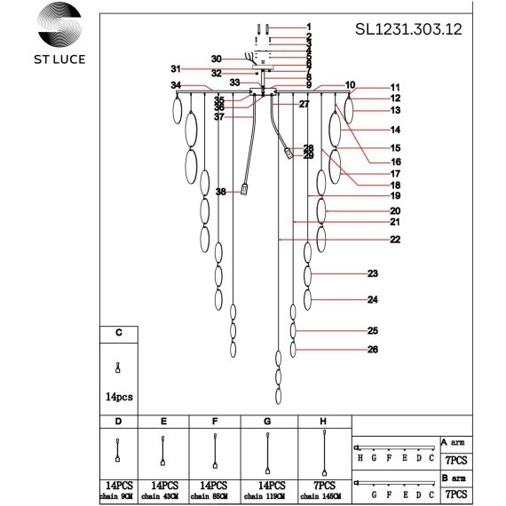 SL1231.303.12 Люстра подвесная ST-Luce Латунь/Белый E14 12*60W VITTORIA