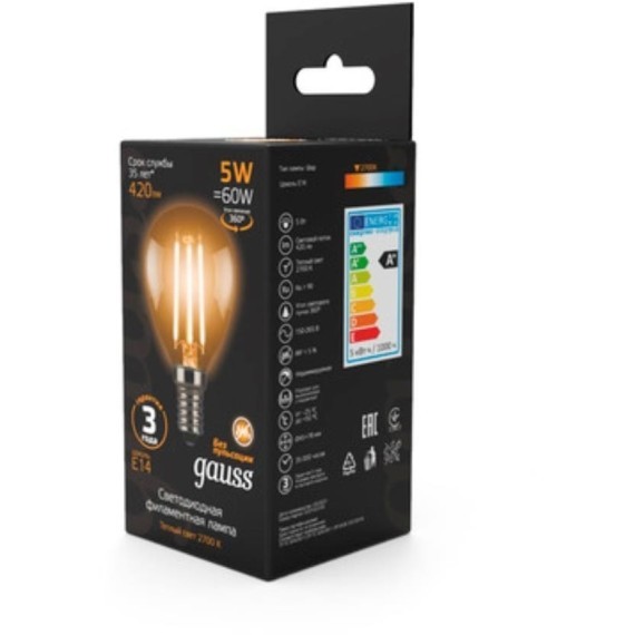105801105 Лампа Gauss LED Filament Шар E14 5W 420lm 2700K 1/10/50