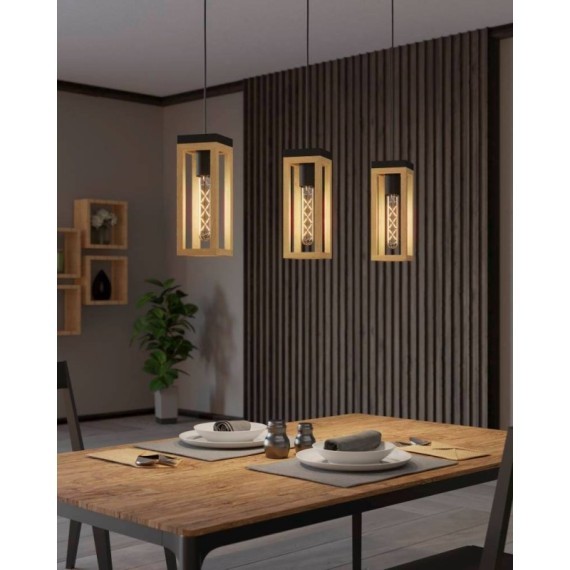 43744 Подвесной потолочный светильник (люстра) NAFFERTON, 3Х40W, E27, L800, B100, H1100, сталь, черный/дерево, коричневый