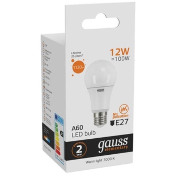 23212 Лампа Gauss LED Elementary A60 12W E27 1130lm 3000K 1/10/50
