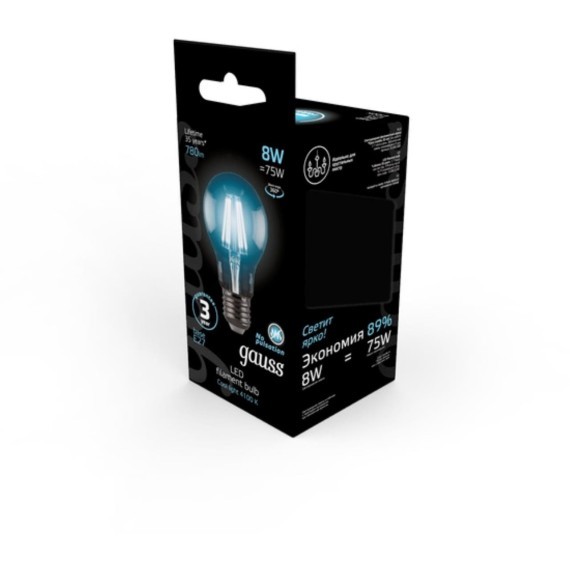 102802208 Лампа Gauss LED Filament A60 E27 8W 780lm 4100К 1/10/40