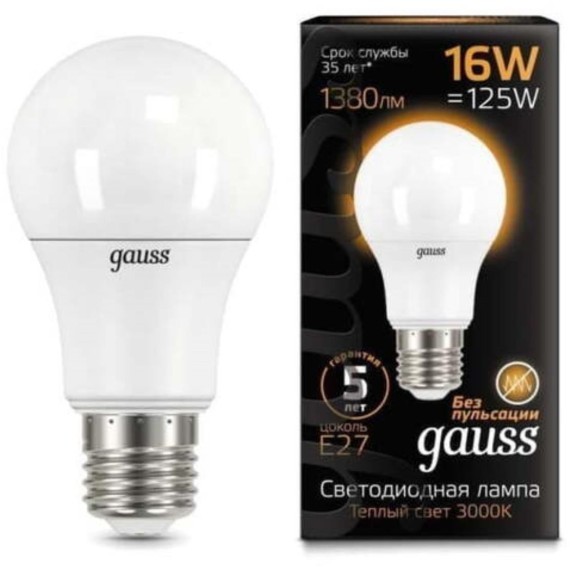 102502116 Лампа Gauss LED A60 16W E27 1380lm 3000K 1/10/50
