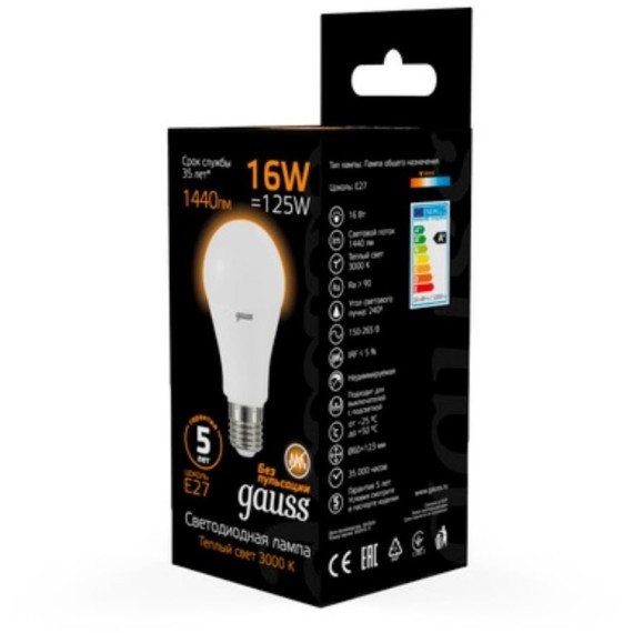102502116 Лампа Gauss LED A60 16W E27 1380lm 3000K 1/10/50