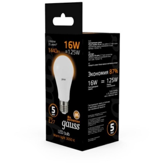 102502116 Лампа Gauss LED A60 16W E27 1380lm 3000K 1/10/50