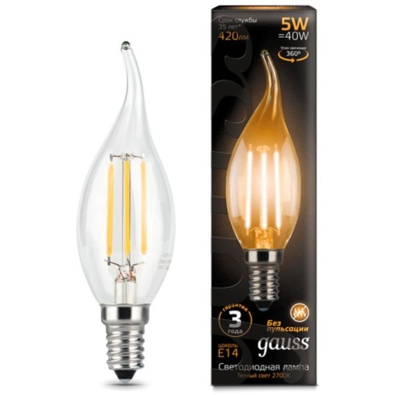 104801105 Лампа Gauss LED Filament Свеча на ветру E14 5W 420lm 2700K 1/10/50