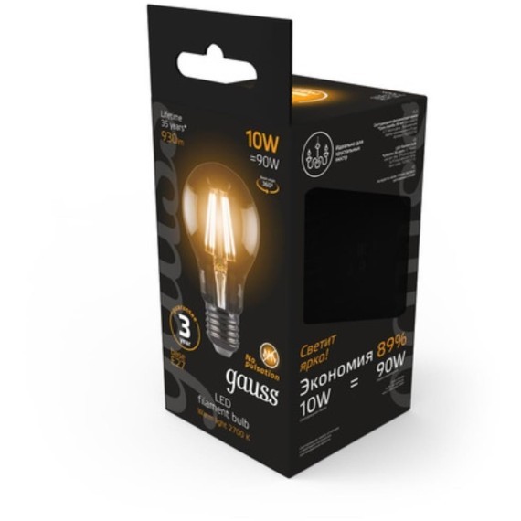 102802110 Лампа Gauss LED Filament A60 E27 10W 930lm 2700К 1/10/40