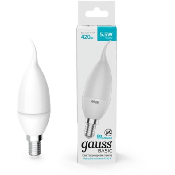 1034126 Лампа Gauss Basic Свеча на ветру 5,5W 420lm 4100K E14 LED 1/10/50