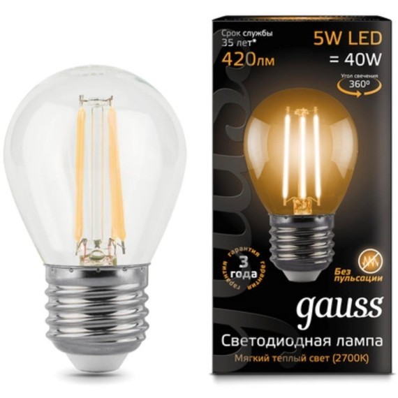 105802105 Лампа Gauss LED Filament Шар E27 5W 420lm 2700K 1/10/50