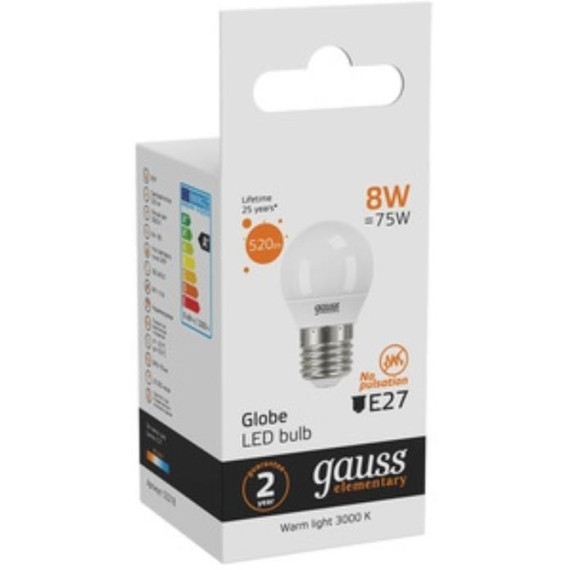 53218 Лампа Gauss LED Elementary Шар 8W E27 520lm 3000K 1/10/100