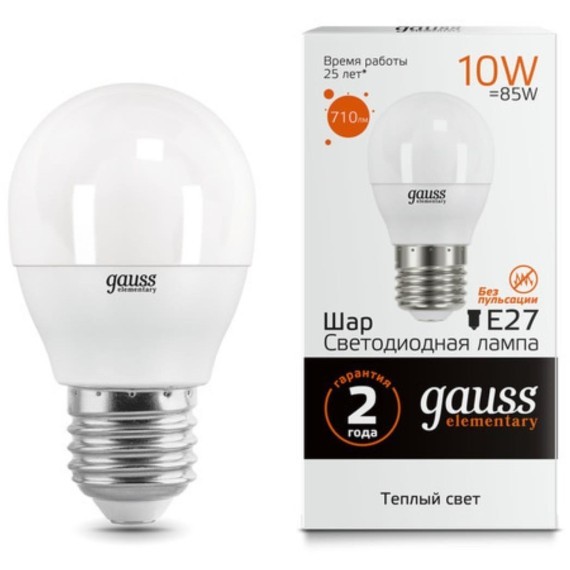 Светодиодная лампа Gauss Шар 10W 710Lm 3000K E27 CRI80 арт 53210
