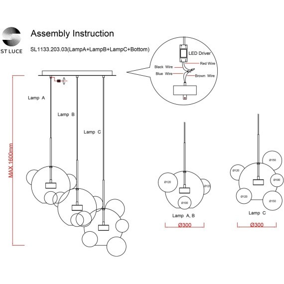 SL1133.203.03 Светильник подвесной ST-Luce Белый,Латунь/Прозрачный LED 3*14W 3000K  (из 4-х коробок) BOPONE