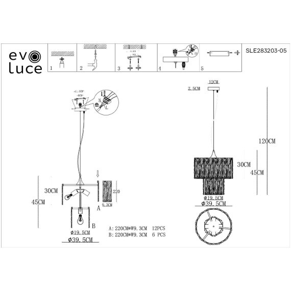 SLE283203-05 Светильник подвесной Золотистый/Прозрачный E27 5*40W RIDA