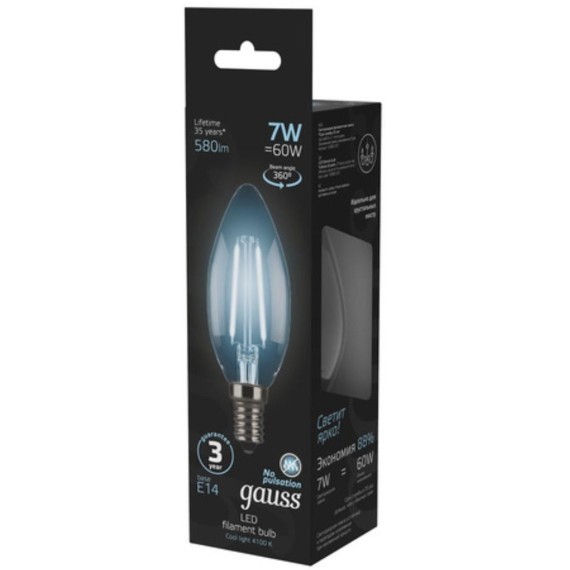 103801207 Лампа Gauss LED Filament Свеча E14 7W 580lm 4100К 1/10/50
