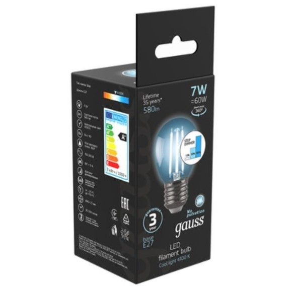 105802207-S Лампа Gauss Filament Шар 7W 580lm 4100К Е27 шаг. диммирование LED 1/10/50