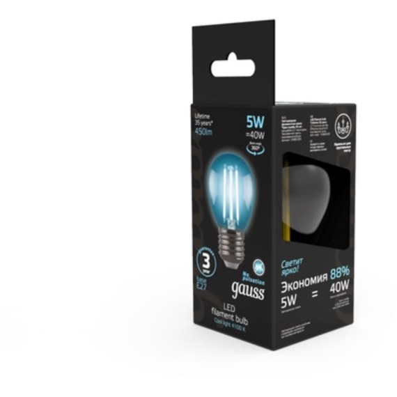 105802205 Лампа Gauss LED Filament Шар E27 5W 450lm 4100K 1/10/50