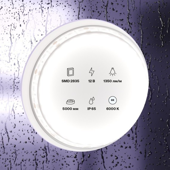 Светодиодная лента 12В 2835 14,4Вт/м 6000K 5м IP65 арт.10119