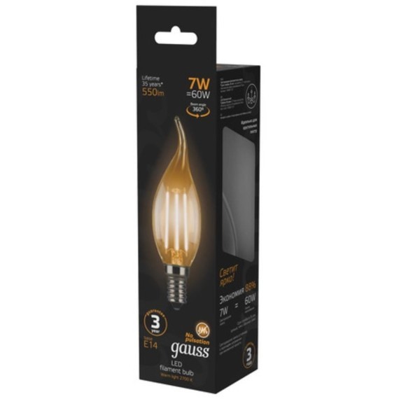 104801107 Лампа Gauss LED Filament Свеча на ветру E14 7W 550lm 2700К 1/10/50