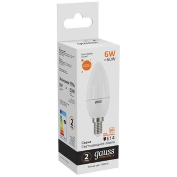 33116 Лампа Gauss LED Elementary Свеча 6W E14 420lm 3000K 1/10/100