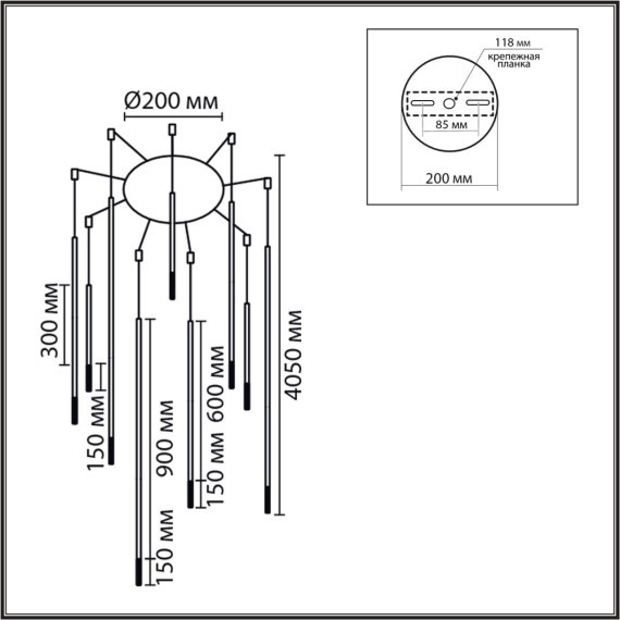 8400/27L Подвесная светодиодная люстра-паук с проводами 3м и плафонами разной длины LED 27Вт 990Лм 3000K CRI80 220V LUMION STICK