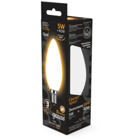 103201105 Лампа Gauss LED Filament Свеча OPAL E14 5W 420lm 2700К 1/10/50