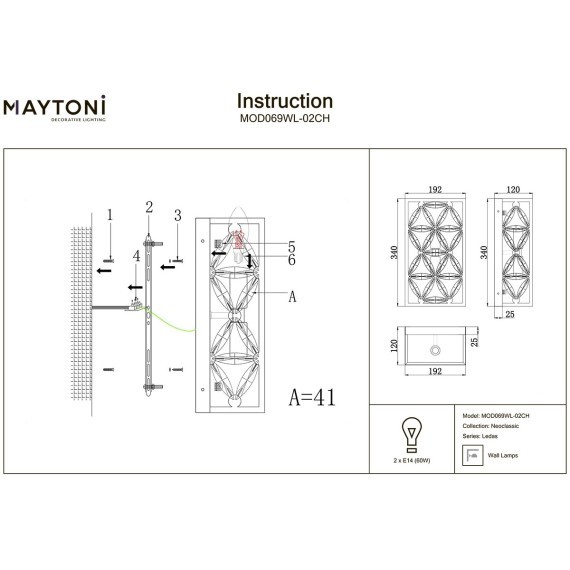 Настенный светильник (бра) Maytoni Ledas E14 220V IP20 MOD069WL-02CH