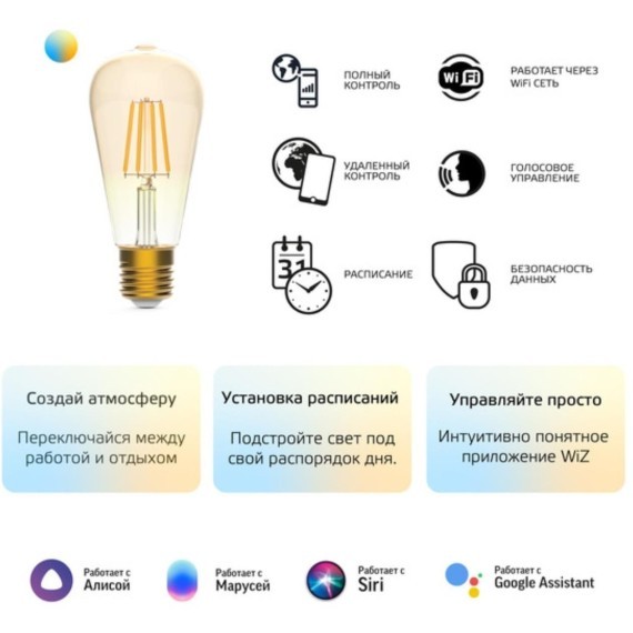 1310112 Лампа светодиодная филаментная Gauss Smart Home DIM+CCT E27 ST64 Golden 6,5 Вт 2000-5500 К 1