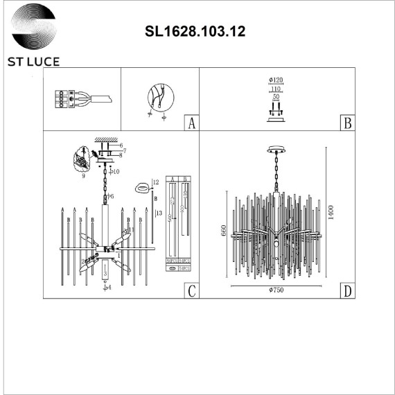 SL1628.103.12 Люстра подвесная ST-Luce Хром/Прозрачный, Хром E14 12*40W TERAMO