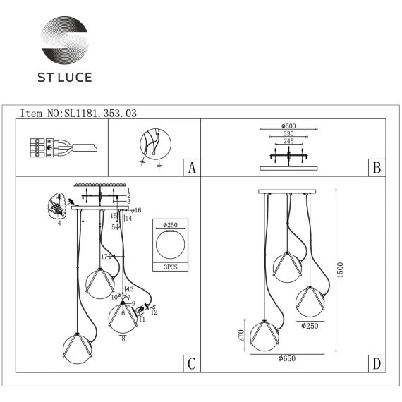 SL1181.353.03 Светильник подвесной ST-Luce Латунь/Латунь, Белый E27 3*40W ACERRA