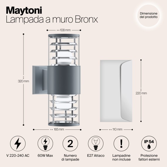 Уличный настенный светильник Maytoni O576WL-02GR Bronx IP54 под лампы 2xE27 60W