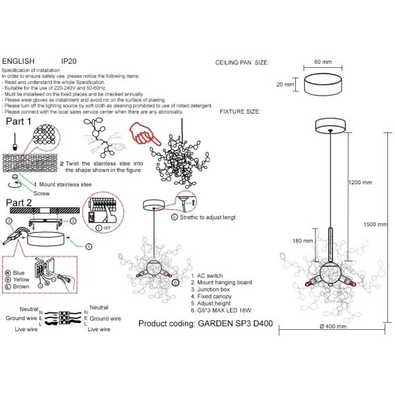 Светильник подвесной Crystal Lux GARDEN SP3 D400 GOLD