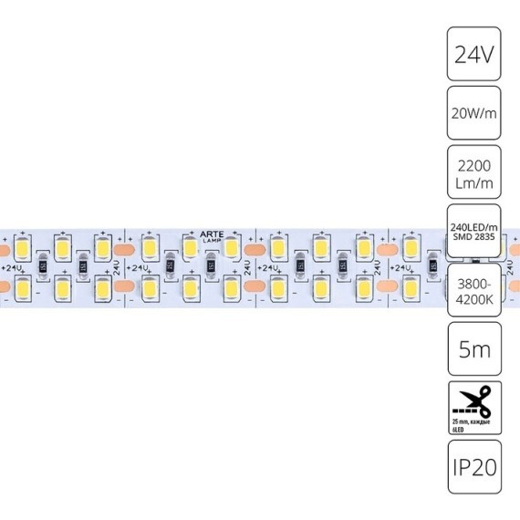 A2424015-02-4K Светодиодная лента 24В 20Вт/м 2200Лм/м 4000К CRI 90+ 15мм SMD2835 240шт/м 5м IP20