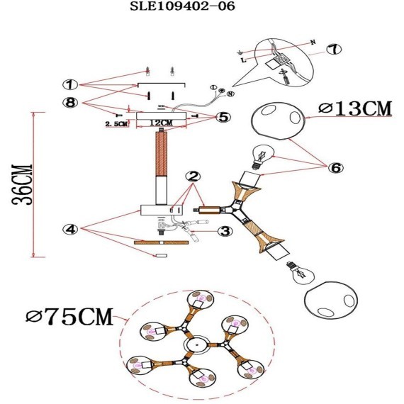 SLE109402-06 Светильник потолочный Черный, Темное дерево/Прозрачный, Янтарный E27 6*60W RAQUEL