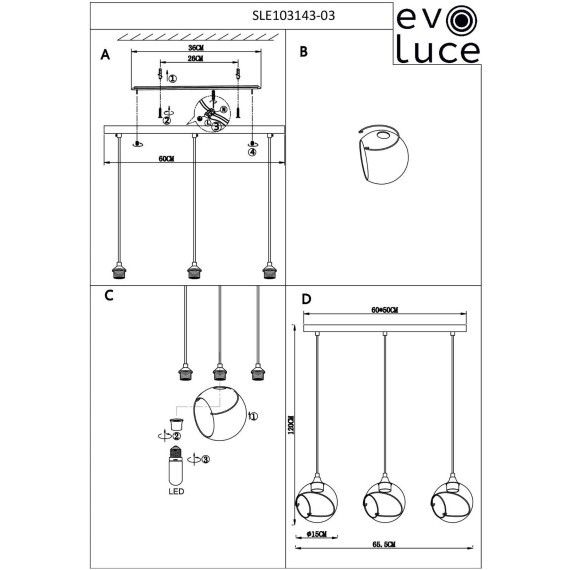 SLE103143-03 Светильник подвесной Черный/Белый E27 3*60W SATTURO