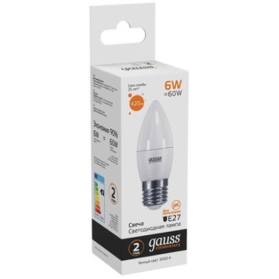 33216 Лампа Gauss LED Elementary Свеча 6W E27 420lm 3000K 1/10/50