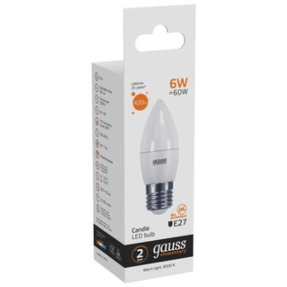 33216 Лампа Gauss LED Elementary Свеча 6W E27 420lm 3000K 1/10/50