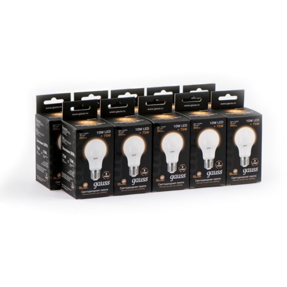 102502110 Лампа Gauss LED A60 10W E27 880lm  3000K 1/10/50