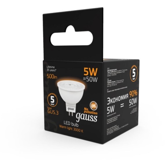101505105 Лампа Gauss LED MR16 GU5.3 5W 500lm 3000K 1/10/100