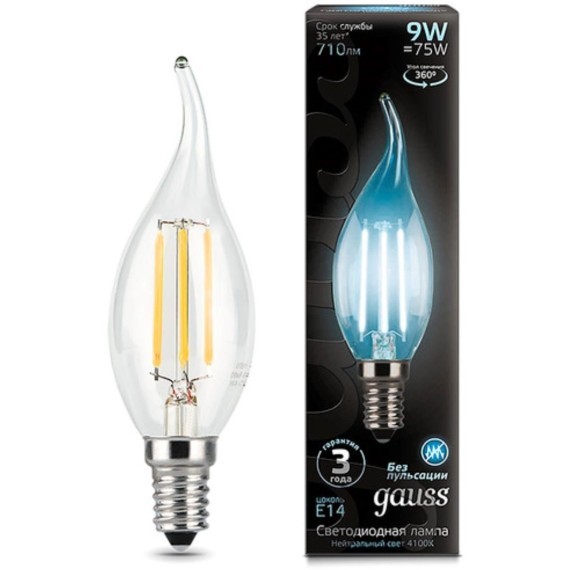 104801209 Лампа Gauss LED Filament Свеча на ветру E14 9W 710lm 4100K 1/10/50