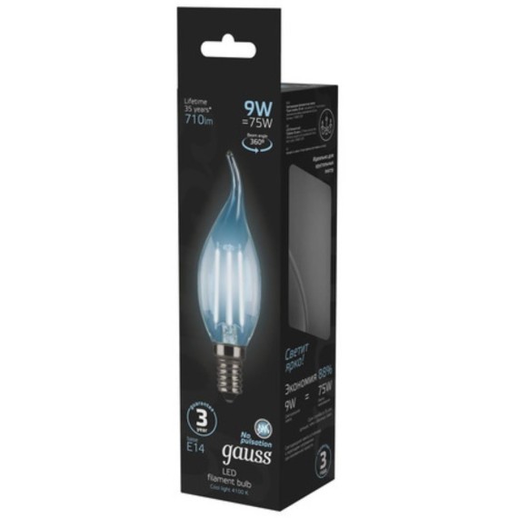 104801209 Лампа Gauss LED Filament Свеча на ветру E14 9W 710lm 4100K 1/10/50
