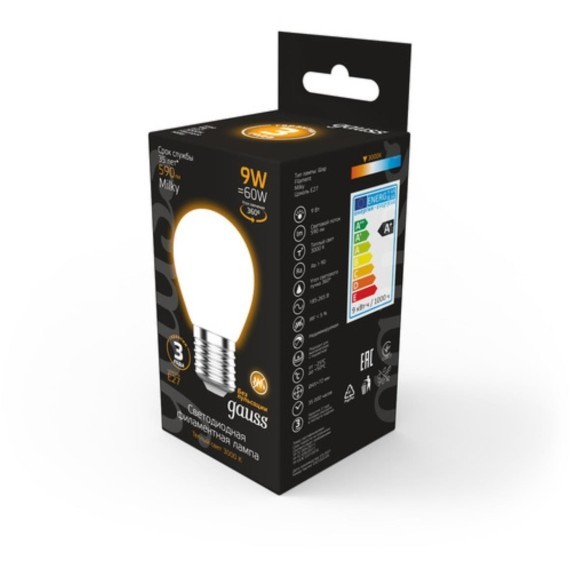 105202109 Лампа Gauss Filament Шар 9W 590lm 3000К Е27 milky LED 1/10/50