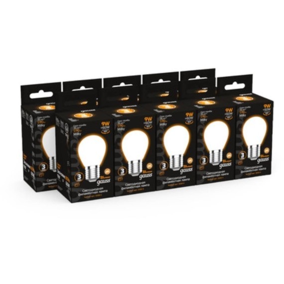 105202109 Лампа Gauss Filament Шар 9W 590lm 3000К Е27 milky LED 1/10/50