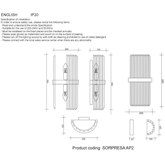 Бра Crystal Lux SORPRESA AP2 BRASS/TRANSPARENTE