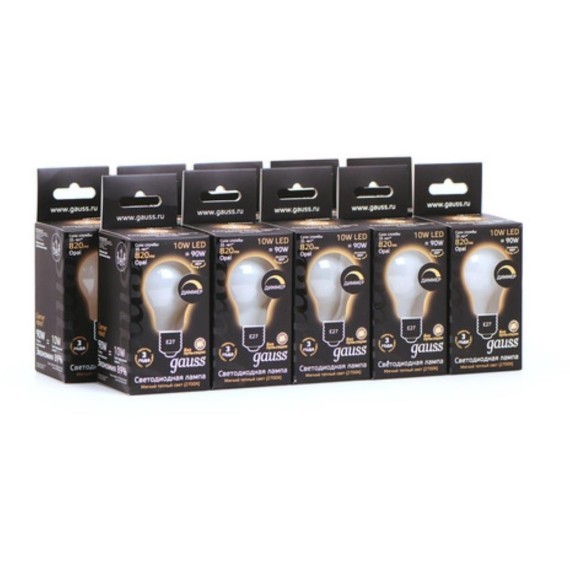 102202110-D Лампа Gauss Filament А60 10W 820lm 2700К Е27 milky диммируемая LED 1/10/40