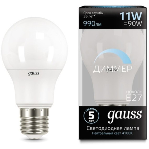 102502211-D Лампа Gauss A60 11W 990lm 4100К E27 диммируемая LED 1/10/50