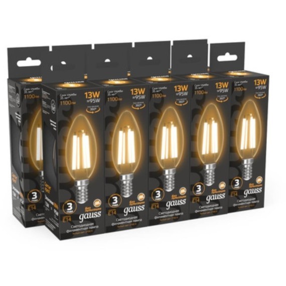 103801113 Лампа Gauss Filament Свеча 13W 1100lm 2700К Е14 LED 1/10/50